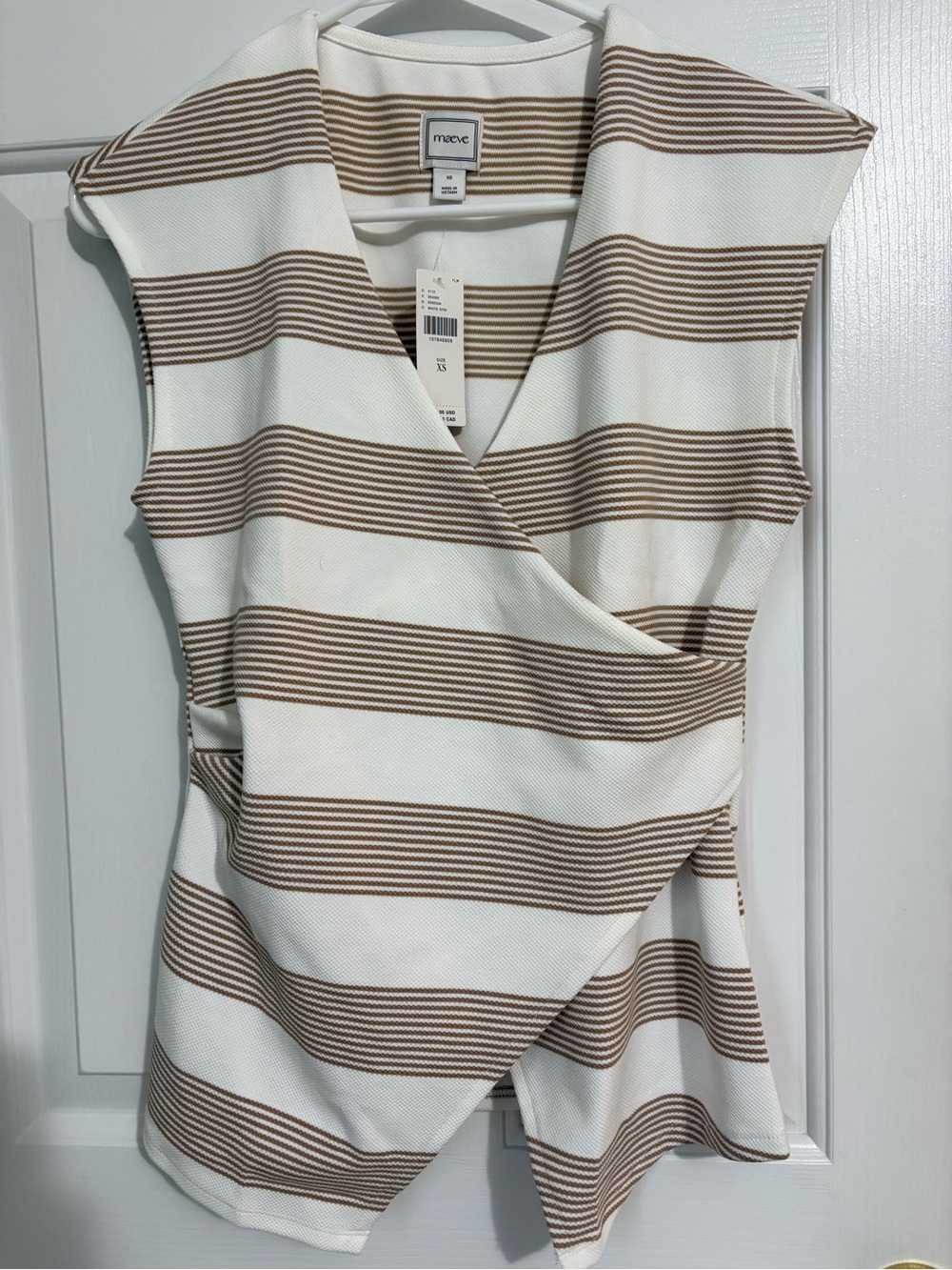 Maeve Cream and Tan Striped Sleeveless Wrap-Front Top